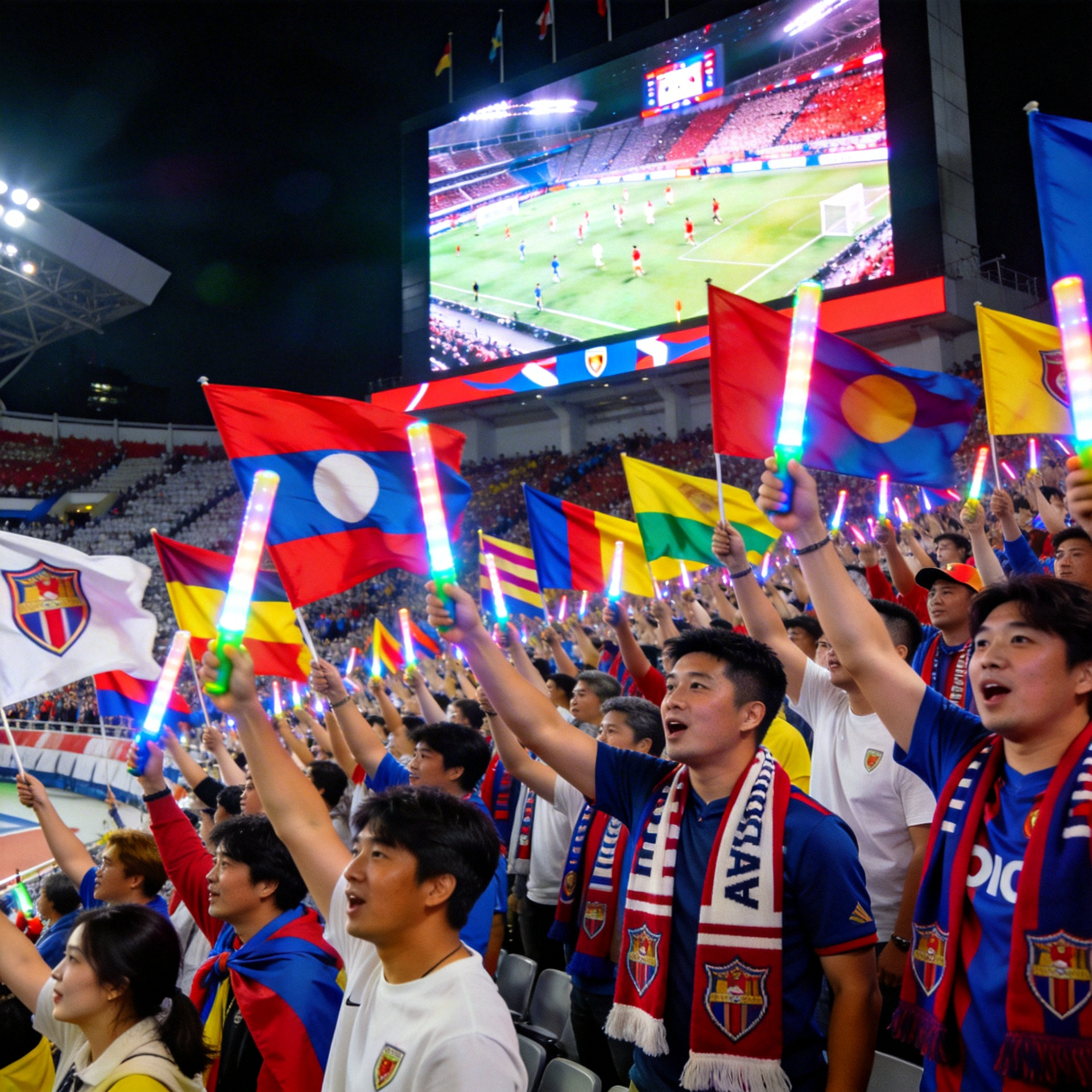 亚洲足球赛事高清直播画面，显示球迷在体育场欢呼的壮观场景